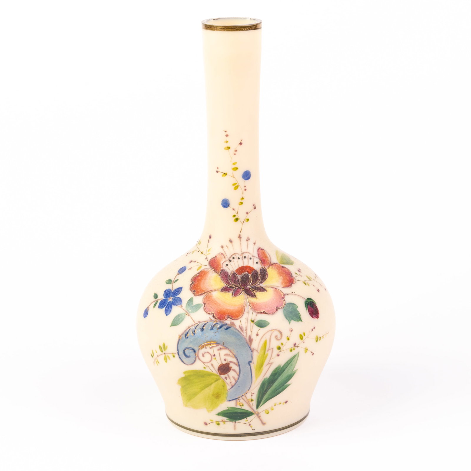 Art Deco Czech Opaline Enamel Painted Vase: DIMENSIONS APPROX 12x12x23CM