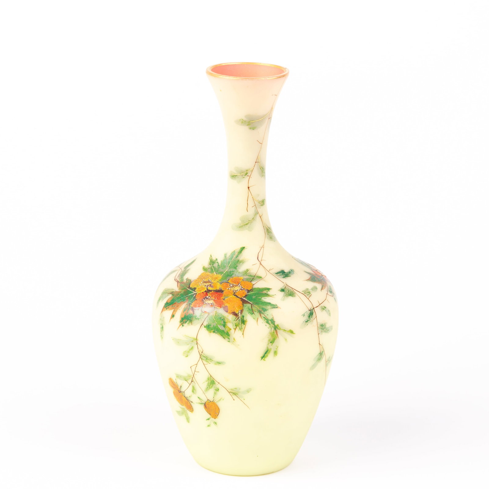 Art Deco Czech Opaline Enamel Painted Vase: DIMENSIONS APPROX 10x10x21CM.