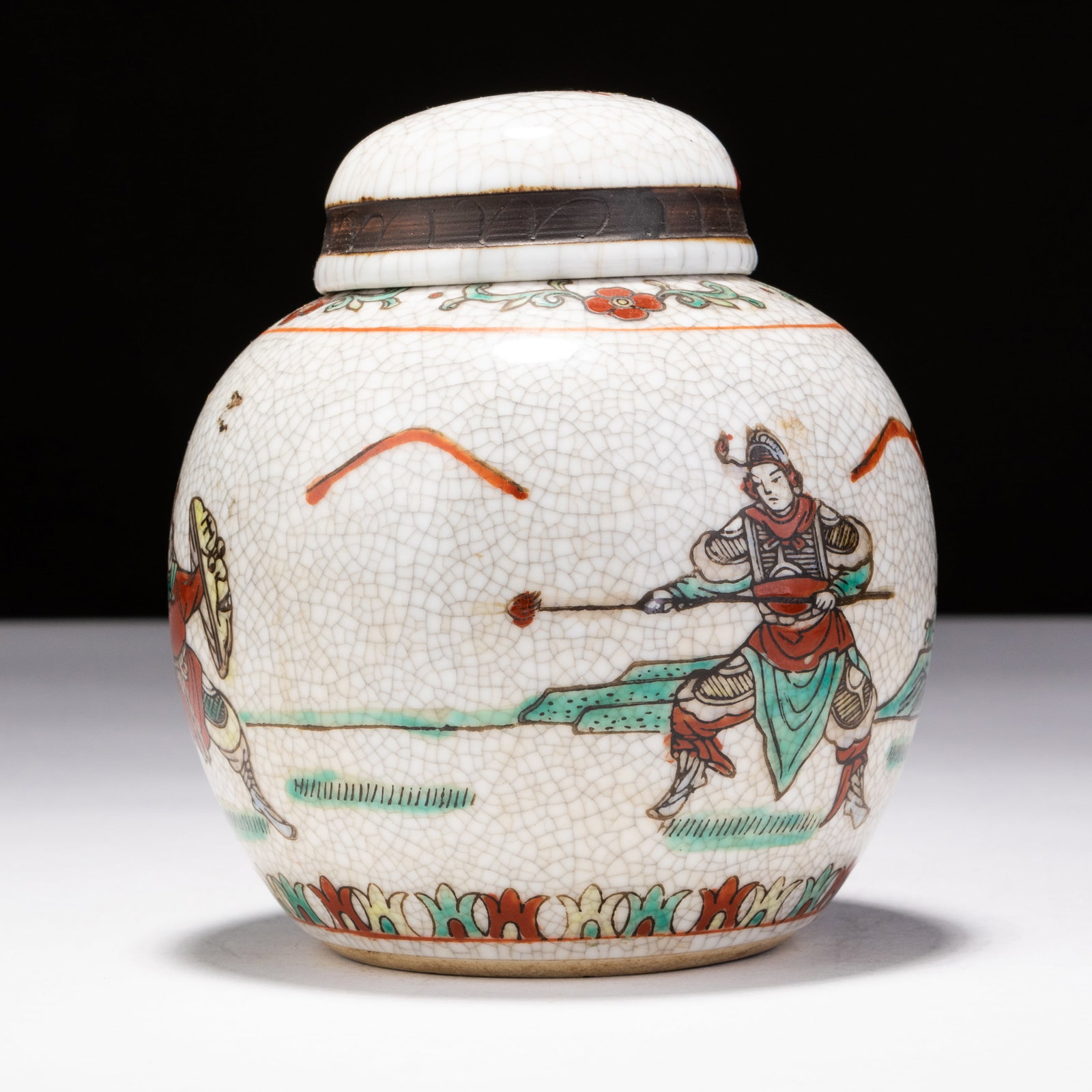 Chinese Nanking Warriors Crackle Glazed Porcelain Ginger Jar: MEASURES APPROX 10.5 X 12.5CM HIGH.