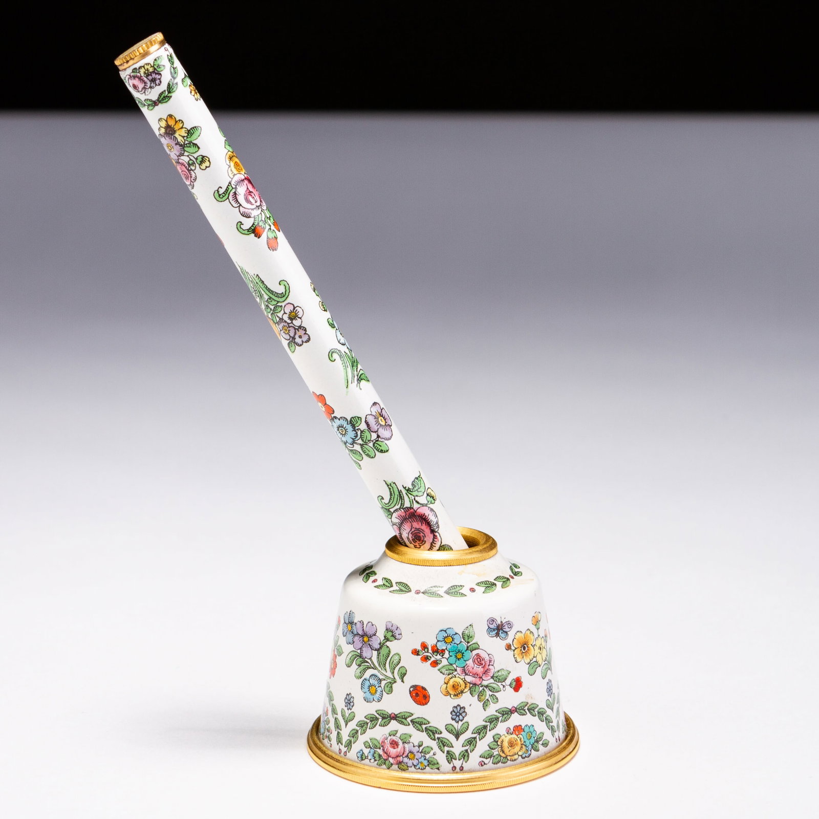 Halcyon Days Fine Enamel Ballpoint Pen with Holder: MEASURING APPROX PEN 12CM.