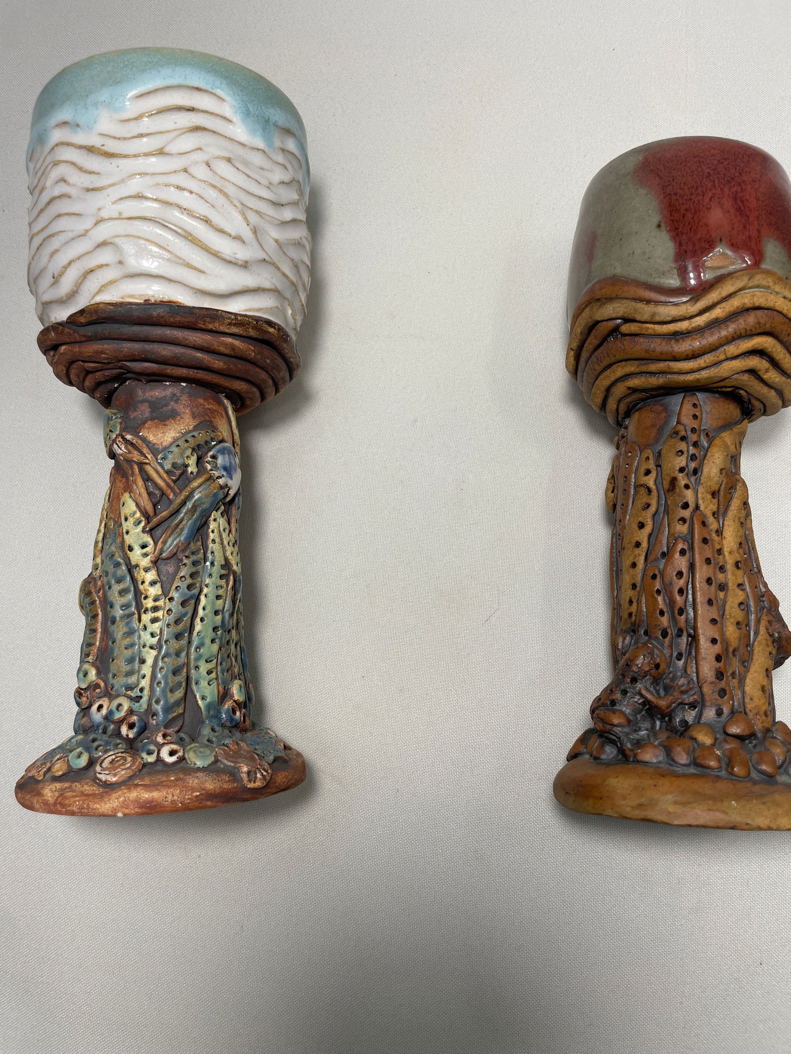 - Artist Designed Pottery Chalices/Candle Holders by Barry Gregg: Beautiful detail on these items! The one with the white painted cup measures 10" x 4"; the other measures 9.5" x 3".