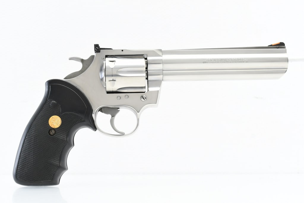 1994 Colt King Cobra - Stainless (6"), 357 Magnum/ 38 Spl., Revolver (W/ Box), SN - EK9461: According to Colt Archives Serial Number Database, this King Cobra was produced in 1994. SPECS: Stainless steel finish, 6" ribbed barrel with full length lug & shrouded extractor rod, adjustable rear 