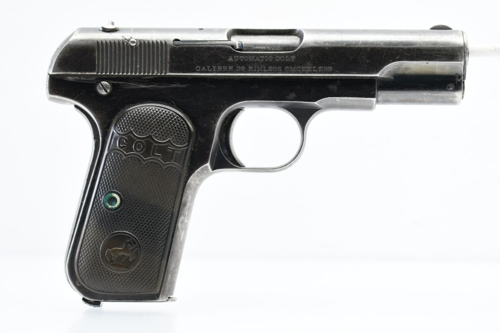 1910 Colt Model 1903 Pocket Hammerless (3.75"), 32 ACP, Semi-Auto, SN - 98646: According to the Colt Archives serial number database, this Model 1903 "Pocket Hammerless" pistol was produced in 1910. SPECS: 3.75" Barrel, embossed black hard rubber grips, grip safety, thumb safety