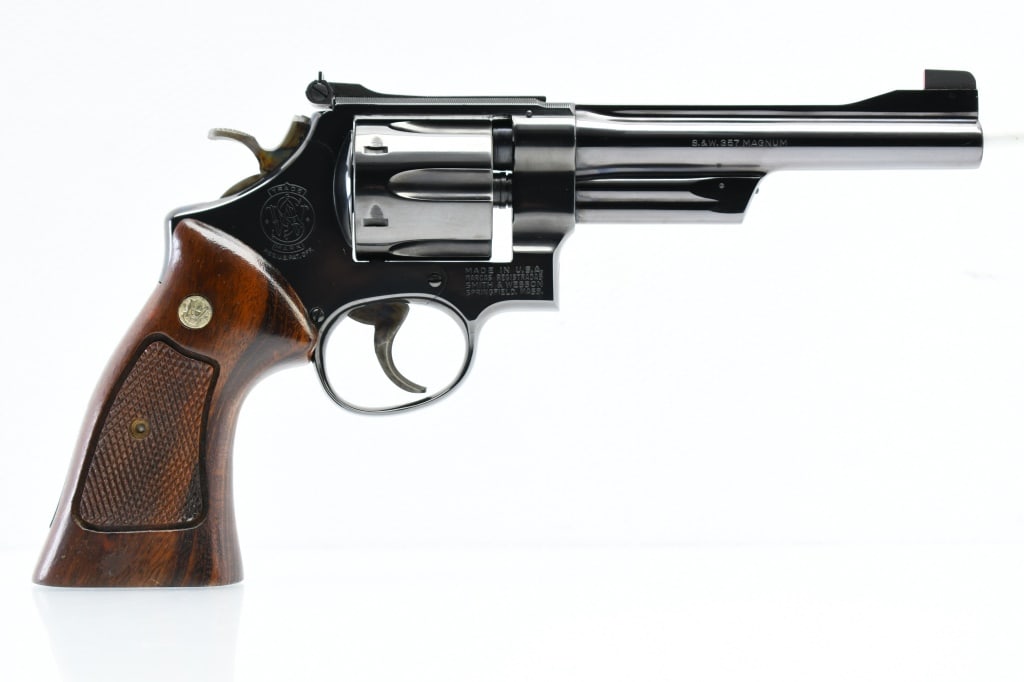 1977 Smith & Wesson Model 27-2 (6"), 357 Magnum, Revolver, SN - N433424: According to the Standard Catalog Of Smith & Wesson's book, this Model 27-2 was produced in circa 1977. SPECS: 6" ribbed barrel, high luster polished bluing, grooved casehardened trigger, serrated cas
