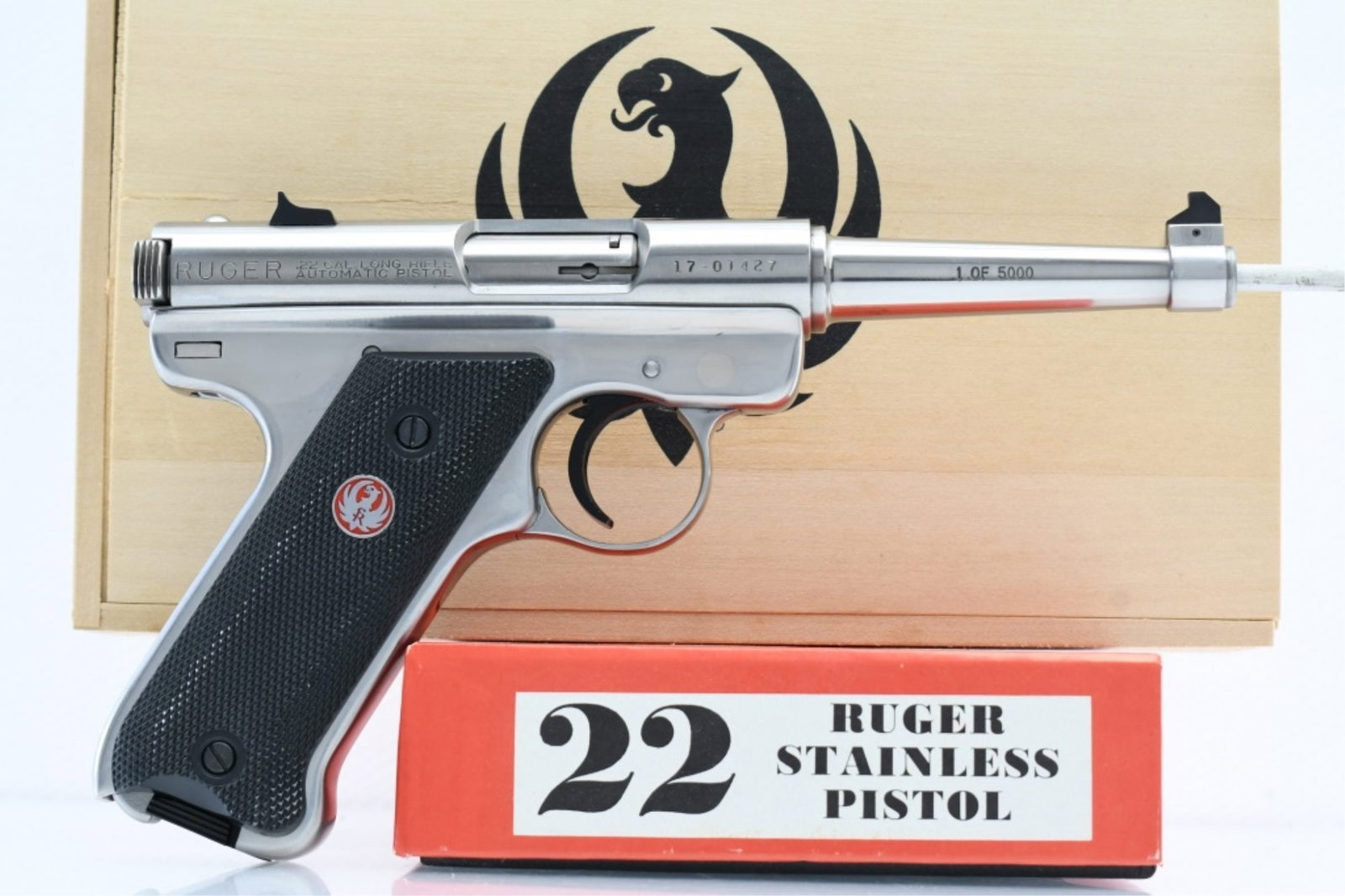 1982 Ruger "Bill Ruger Signature" 1 of 5000 (4 3/4"), 22 LR, Semi-Auto (NIB), SN - 17-01427: The Special Edition run of 5000 Ruger Automatic Pistols marked the end of "Standard Automatic" production and were produced exclusively in 1982. SPECS: Full stainless steel construction with polished 