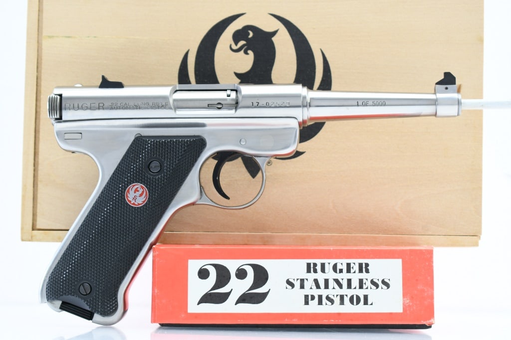 1982 Ruger "Bill Ruger Signature" 1 of 5000 (4 3/4"), 22 LR, Semi-Auto (NIB), SN - 17-02529: The Special Edition run of 5000 Ruger Automatic Pistols marked the end of "Standard Automatic" production and were produced exclusively in 1982. SPECS: Full stainless steel construction with polished 