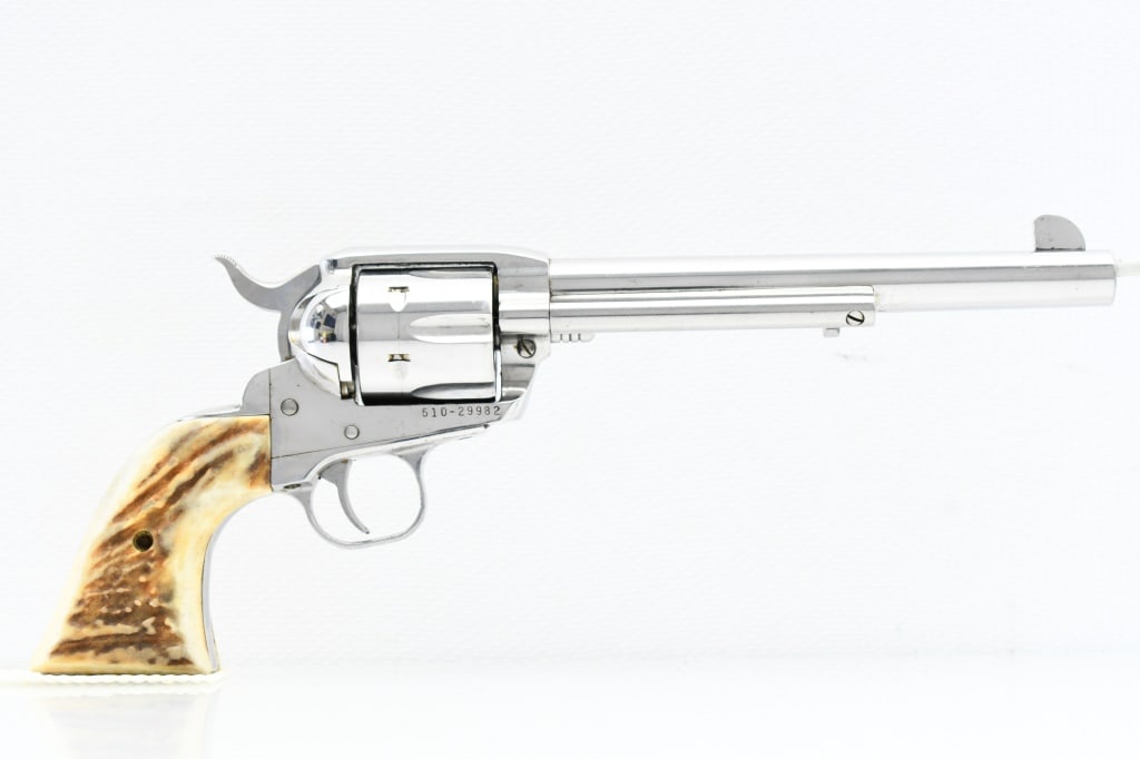 Ruger New Model Vaquero -Stainless (7.5"), 45 Colt, Revolver (W/ Box), SN - 510-29982: SPECS: Full stainless finish, 7.5" barrel, stag horn style grips, grooved hammer and 6-shot cylinder. This gun comes in the original grey plastic hardcase with paperwork. CONDITION: This gun is in nic