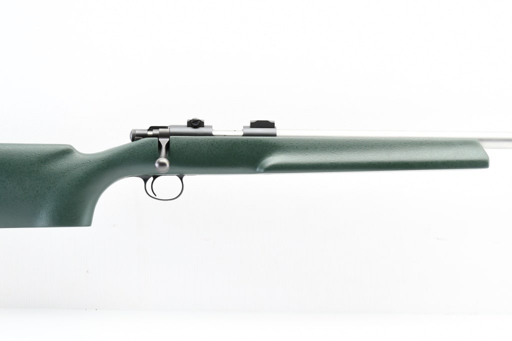 Cooper Arms TRP-3 Benchrest - Synthetic/ Stainless (25"), 22 LR, Bolt-Action (NIB), SN - 7879: SPECS: Bell & Carlson green synthetic bench rest stock with wide/flat forend, 25" free-floating stainless barrel with recessed target muzzle crown & 1:16 twist, black rubber buttpad with basket weave 