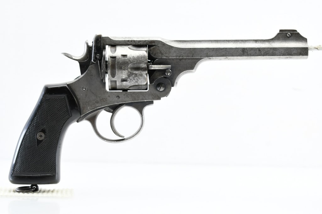 1915 British Webley Mark VI (6") 455 Webley (45 ACP), Revolver, SN - 155096: The markings on the top left side of the receiver indicate that this WWI British Webley Mark VI service revolver was issued in 1915. This gun is numbers matching (barrel, frame & cylinder) with all or