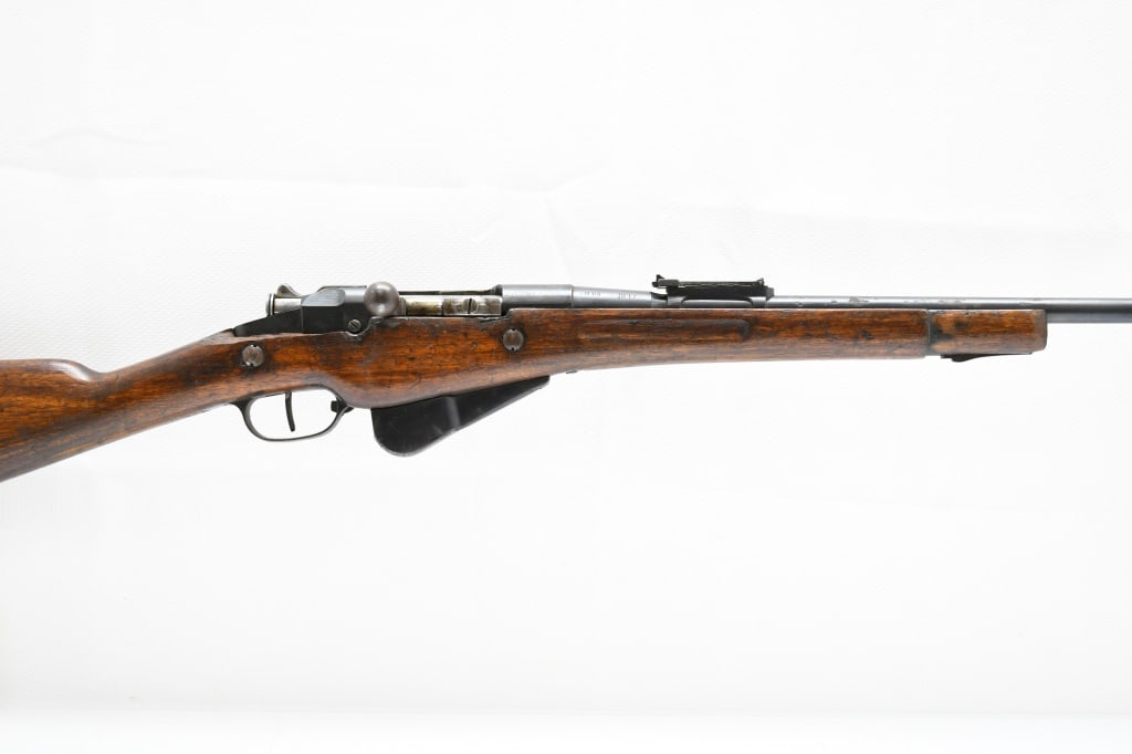 French Chatellerault Berthier 1907/15-M16 Rifle (31.5"), 8mm Label, Bolt-Action, SN - 1863: PECS: 1/2 Length wooden stock with grooved forearm (missing front quarter & handguard), metal buttplate, 31.5" barrel, folding tangent rear sight, dovetailed post front sight, bayonet lug and 5-round