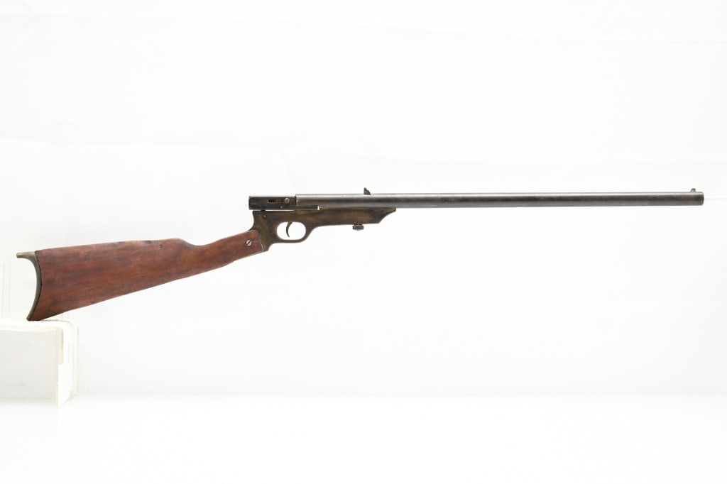 Early 1900s Quackenbush " Safety Model" (22"), 22 Caliber, Single-Shot: SPECS: Hardwood stock with quick detach screw, 22" barrel, dovetail notch rear sight, front blade sight, quick takedown screw under the receiver and side rotating receiver top for loading. CONDITION: