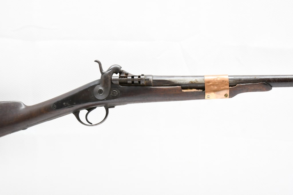 Late 1800s Belgium Hunter (34"), 12 Ga, Breech-Loading Shotgun: This breech-loading shotgun most likely started life as a French military percussion muzzleloading musket in around 1857. It was then converted, in Belgium, to a breechloading rifle in around 1867. It