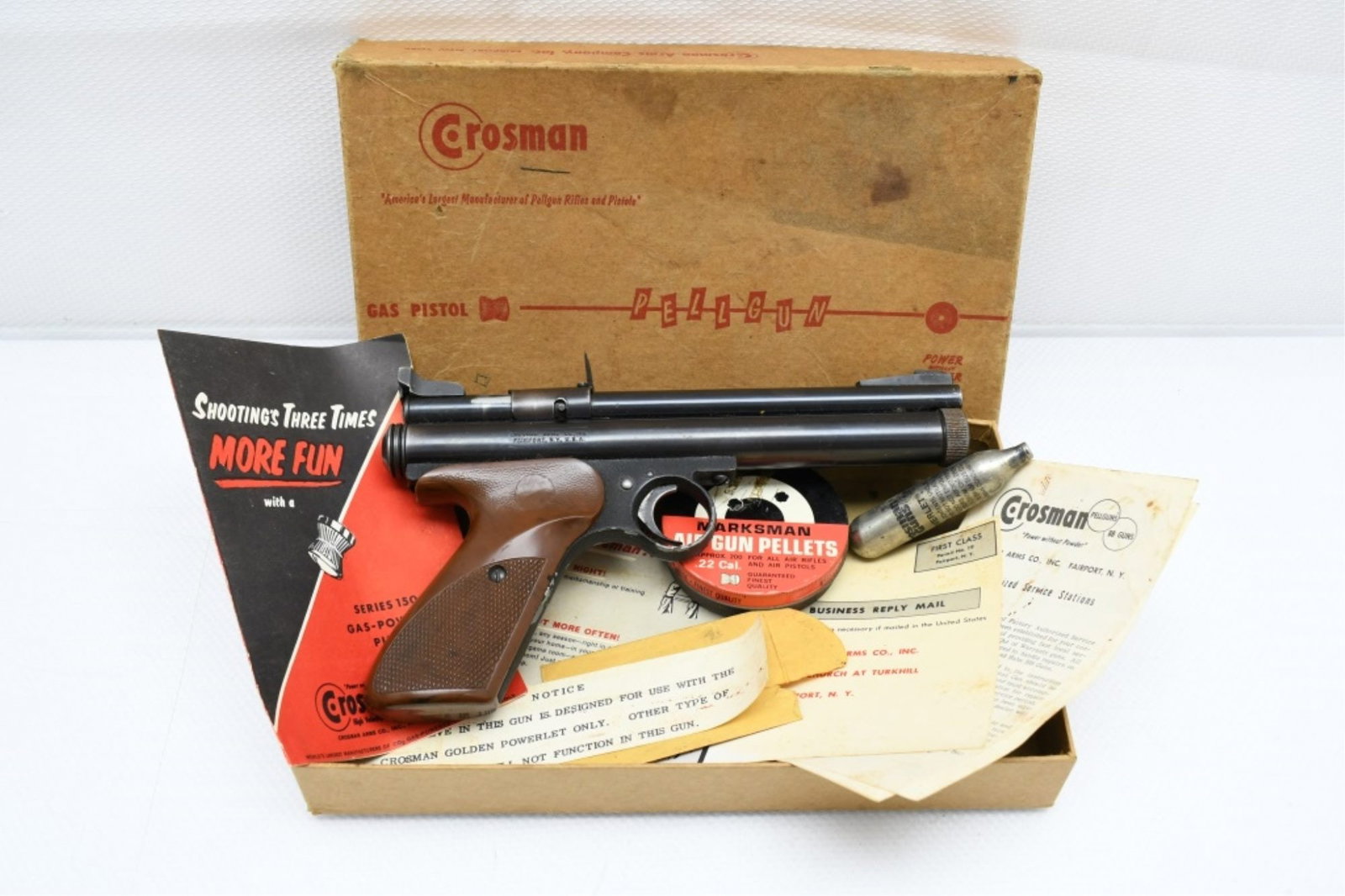 1960s Crosman Model 150, Single Shot, C02 Pellet Pistol W/ Box (No Paperwork Needed): This Crossman Model 150 C02 pellet pistol was produced in circa 1956-1967. It comes in the original brown two-piece box with paperwork, full tin of original pellets and (1) C02 cartridge. CONDITION: T