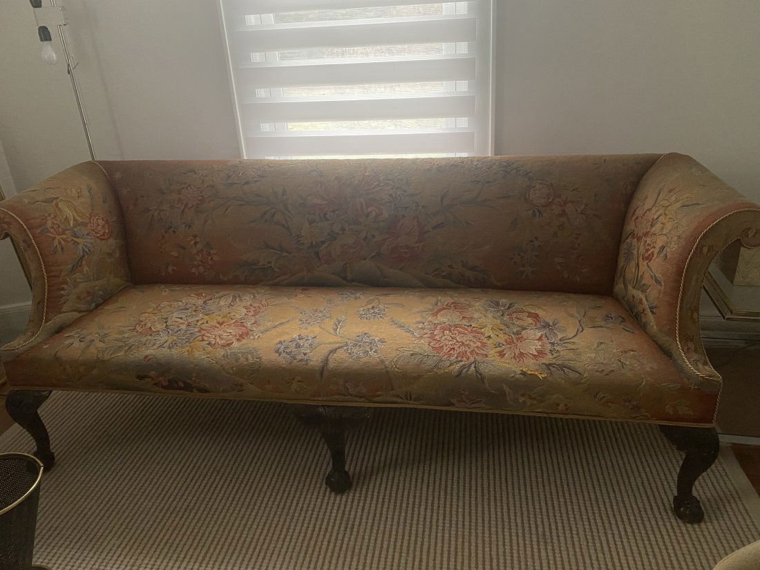 Irish English Chippendale style sofa floral pattern upholstery 1920s UK: Approx dimensions86 inches long x 30 inches deep x 32 inches high