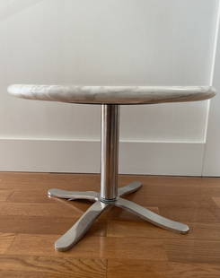 Nicos Zographos small round thick marble side table Carrara stainless steel Alpha base: Approx dimensions:20 inches diameter x 13-3/4 inches high