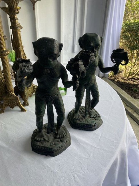 Pair of patinated metal monkey motif candlestick Verdi gris (1 of 3)