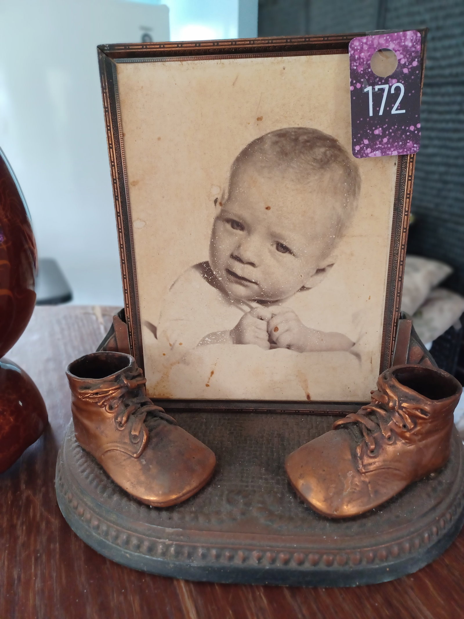 VINTAGE Early 1900s Bronze Baby Shoes and Picture Frame: see photos for details