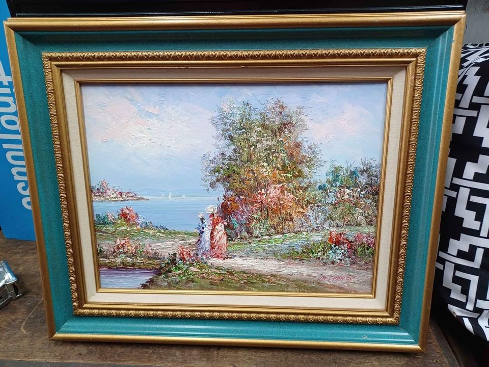 Contemporary Framed Oil on Canvas Ladies by Seaside Impressionist Style Signed: 21.5" wide17.5" tall2" deep