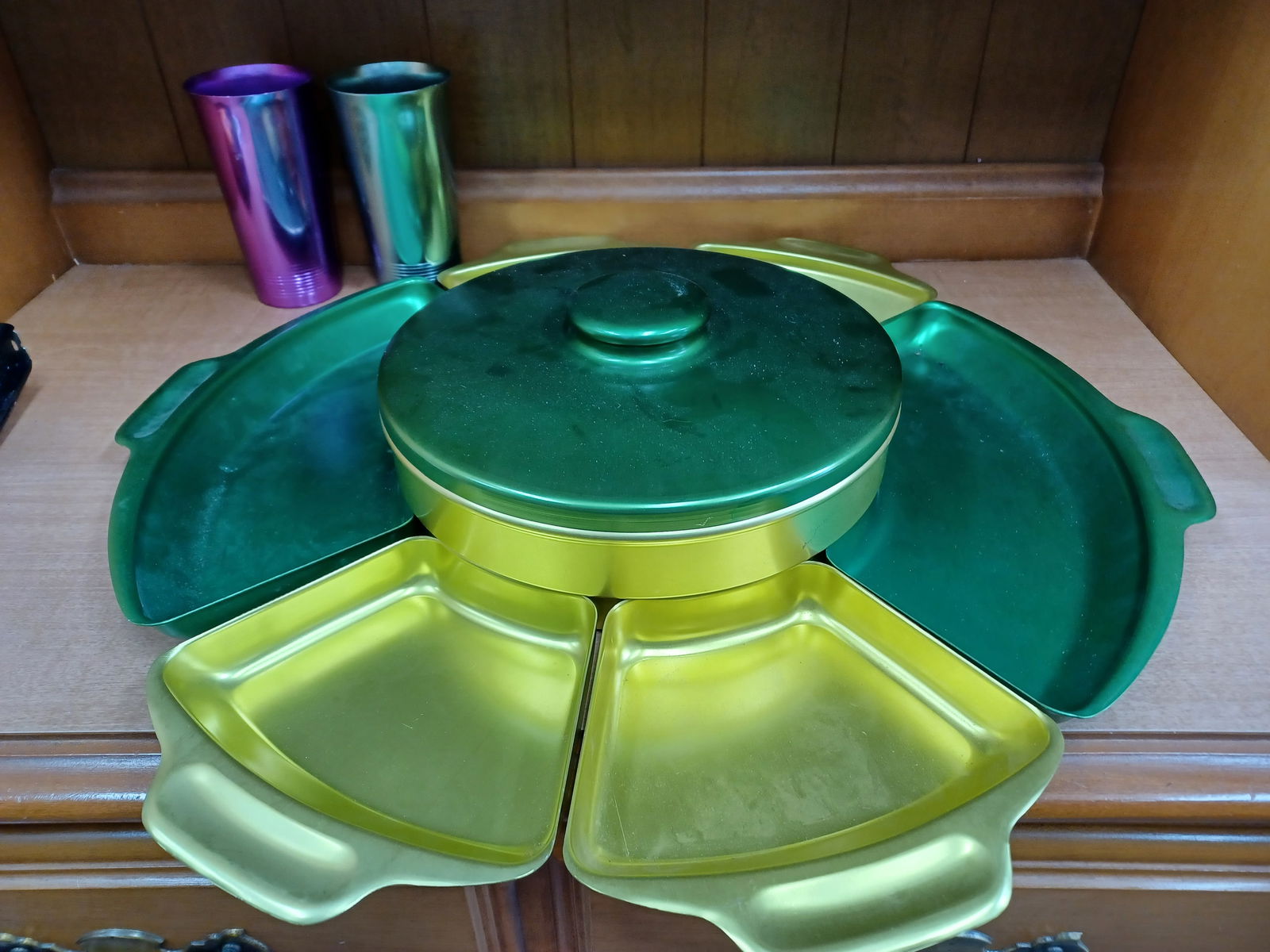 Vintage Mid Century Modern Anodized Aluminum Lazy Susan and Bonus 2 tumblers (1 of 4)