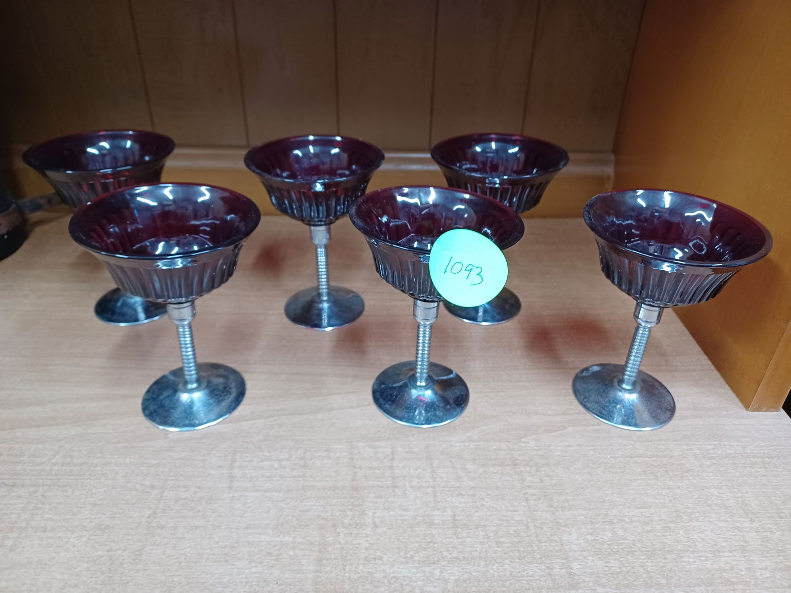 Vintage Set of 6 Ruby Glass Compotes with Art Deco Crome Stems (1 of 4)