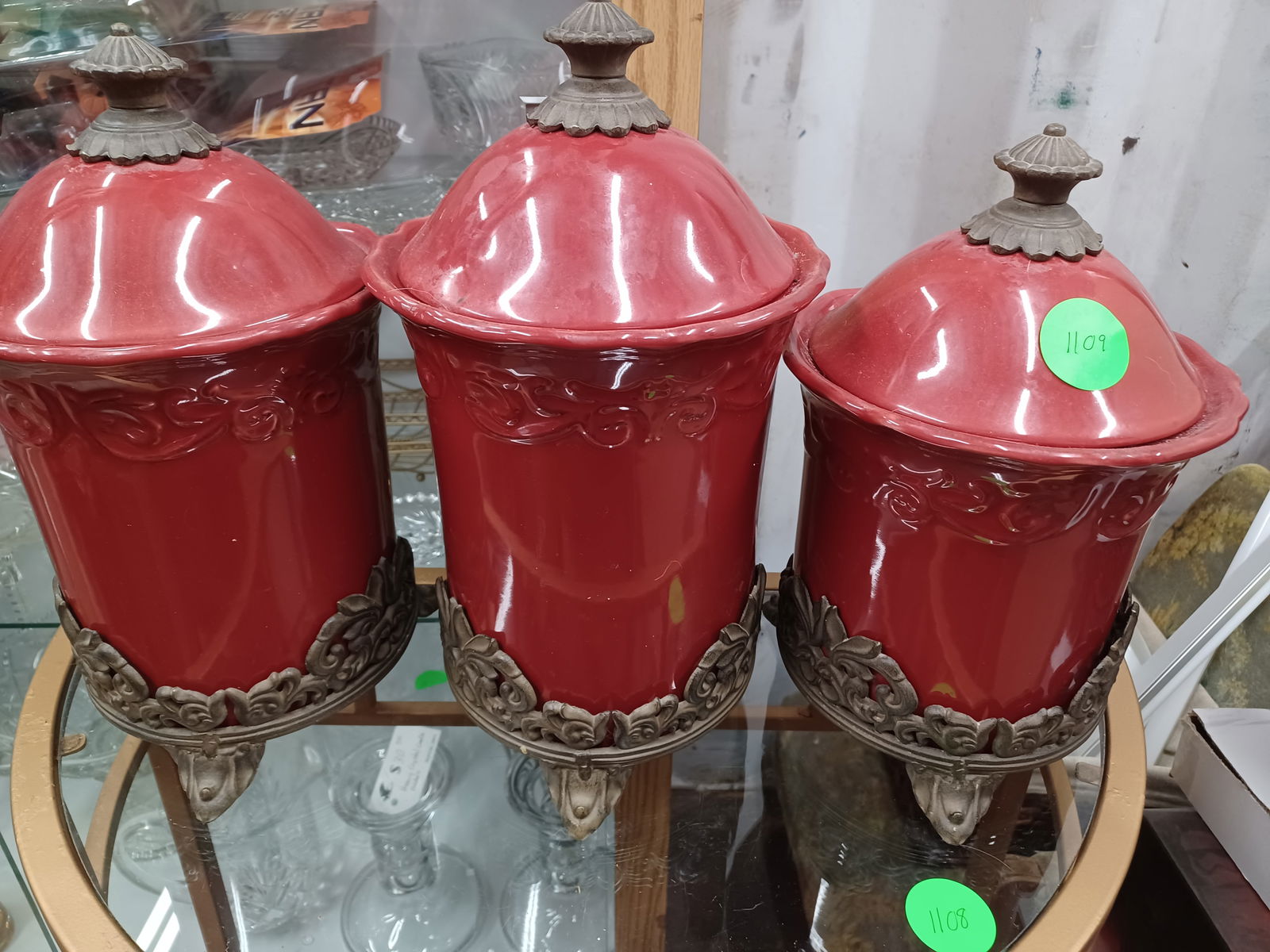 Set or 3 Burgandy Pottery Canisters with Metal Bases (1 of 6)