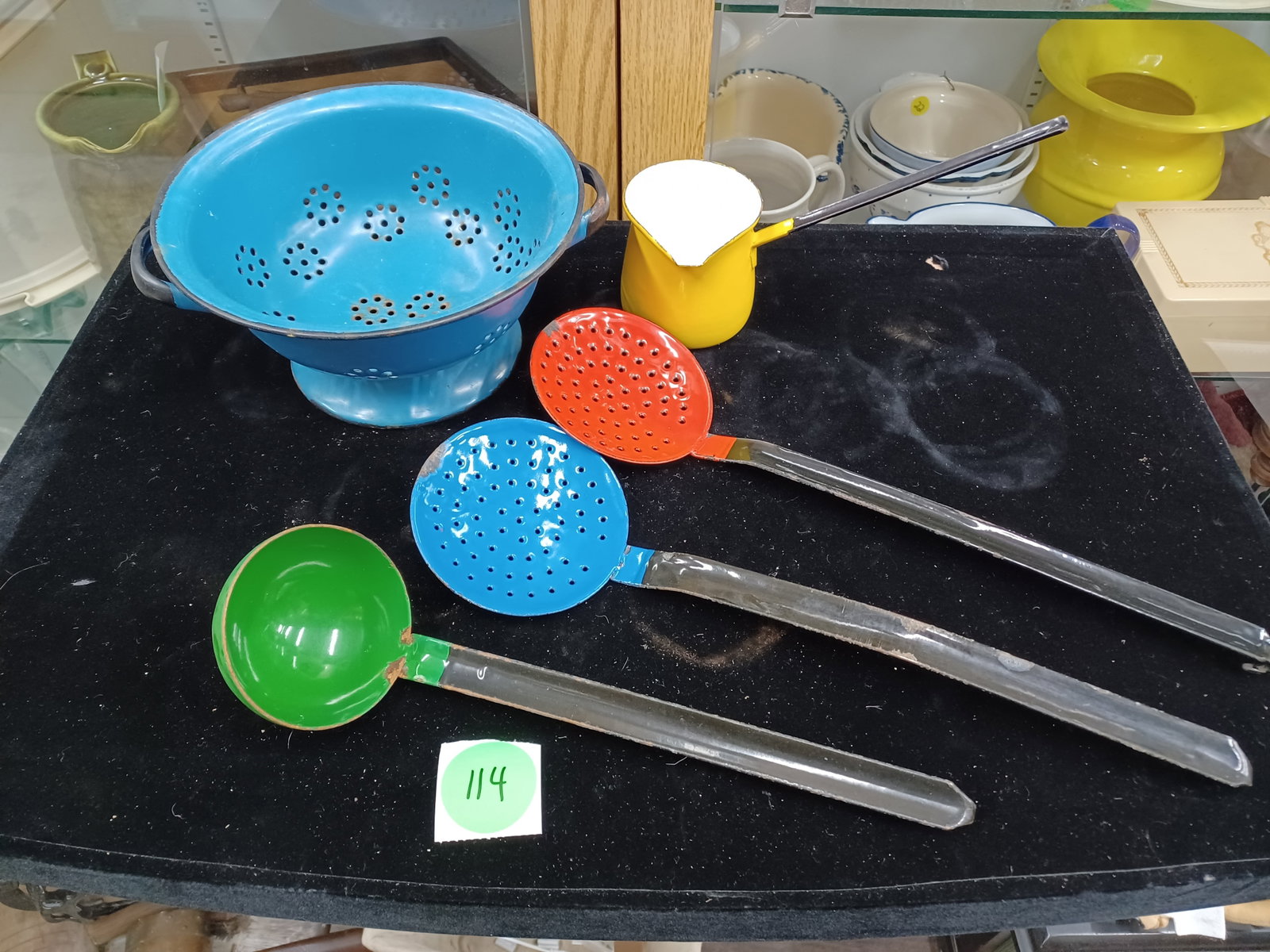 Vintage Enamel Ware Utensils & Strainer: see photos for details