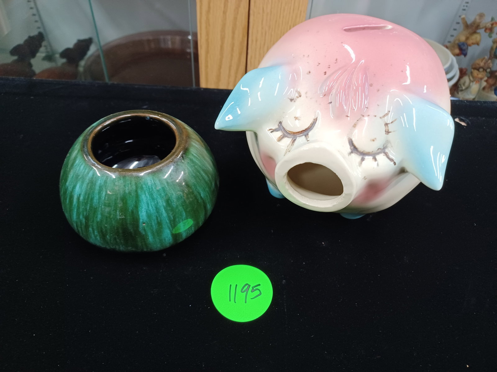 Vintage Corkey Pig Bank and Small Green Vase: see photos for details