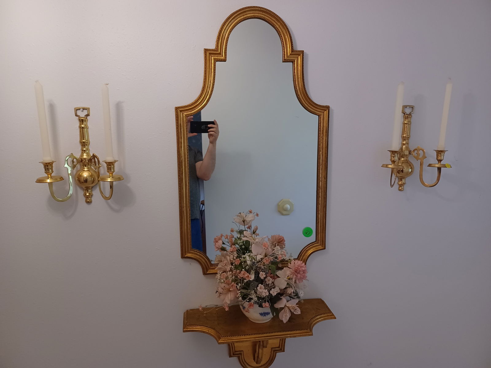 Lot of Brass Candle Sconces and Mirror with Shelf and plant (1 of 6)