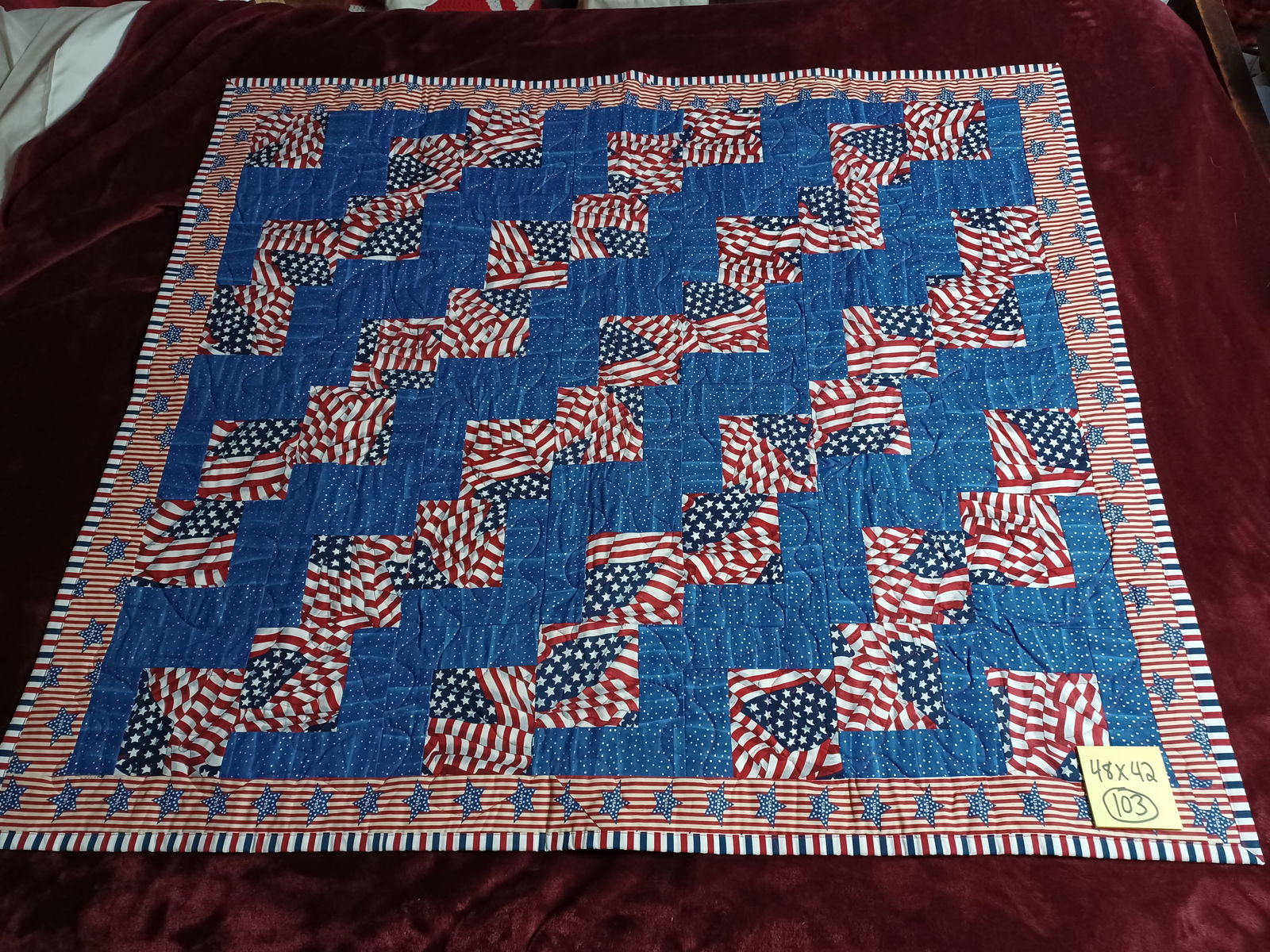 Small Doublesided Patchwork Quilt Coverlet 48x42 Patriotic Pattern (1 of 7)