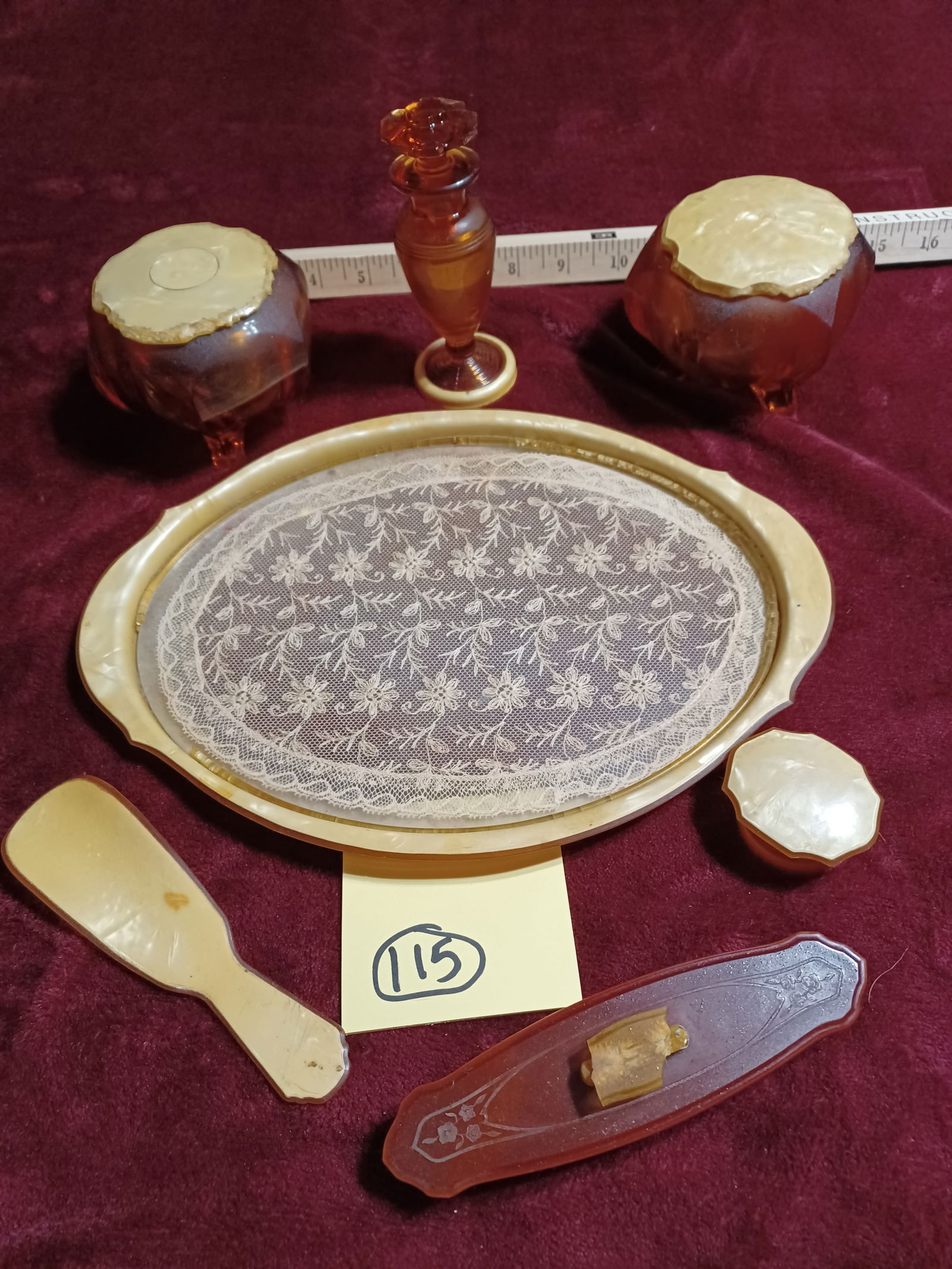 Vintage Dresser Set Celluloid & Glass / Condition Issues: See Photos for details