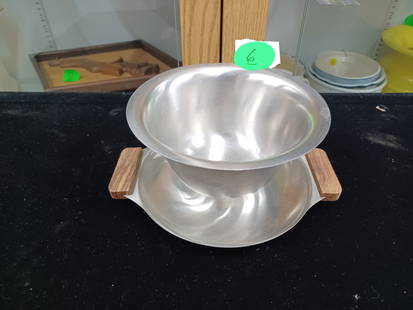Vintage Mid Century Modern Stainless Serving Bowl with Teak Handles: See photos for details