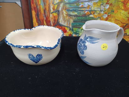 Lot of Stoneware Heart Bowl and Pitcher: bowl 3.5x8x7.5 pitcher is 5.25x5.25x6 see photo for details