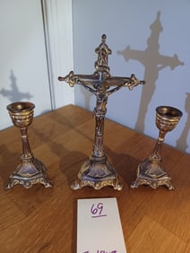 Vintage Crucifix & Candle Holder Set