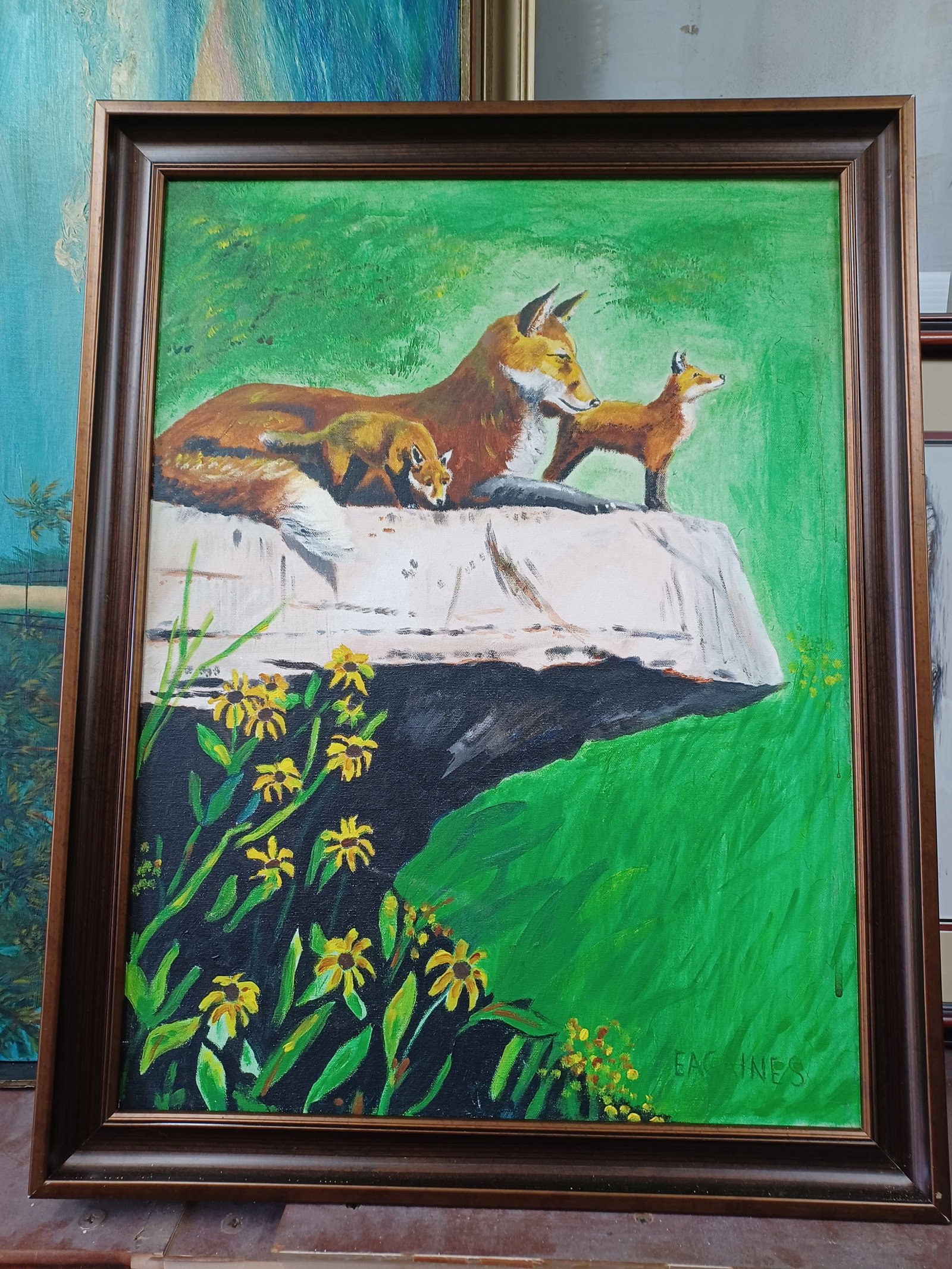 Vintage Oil Painting Fox Mom & Pups Signed: Vintage Oil Painting Fox Mom & Pups Signed