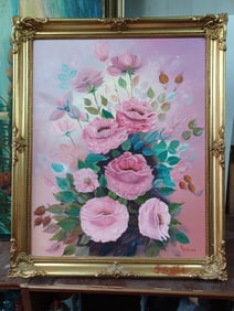 Vintage Oil Painting Roses by V Williams