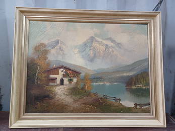Vintage Oil Painting Mountain Cottage Signed