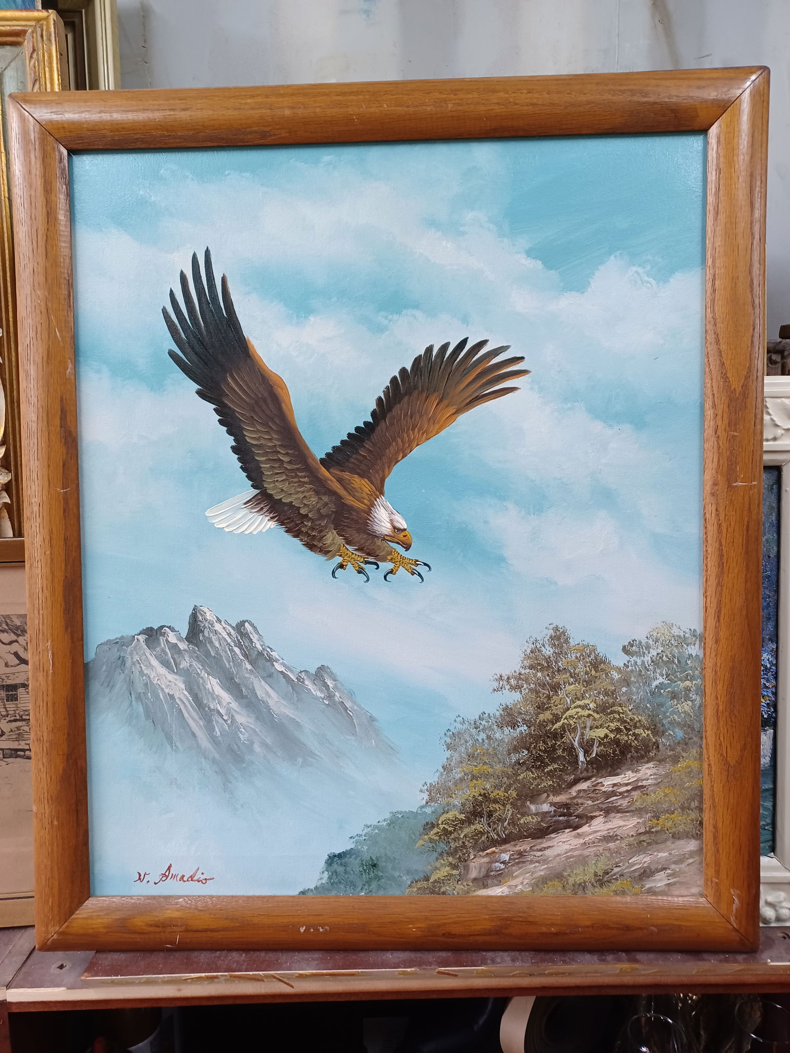 Vintage Oil Painting Eagle in Mountains by W Amadio (1 of 6)