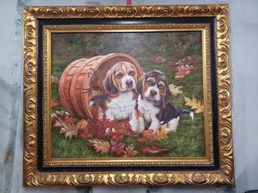 Vintage Oil Painting Beagel Puppies