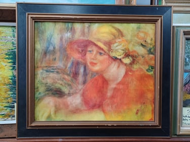 Vintage Oil Painting Lady in Red / varnish cracking
