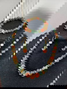 Polished Stone Bead Necklace & Earring Set: Polished Stone Bead Necklace & Earring Set