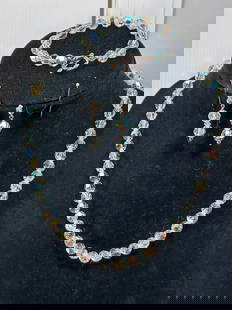 Vintage Set Sterling Iridescent Glass Bead Necklace, Earrings & Bracelet: Vintage Set Seterling Irradescent Glass Bead Necklace, Earrings & Bracelet