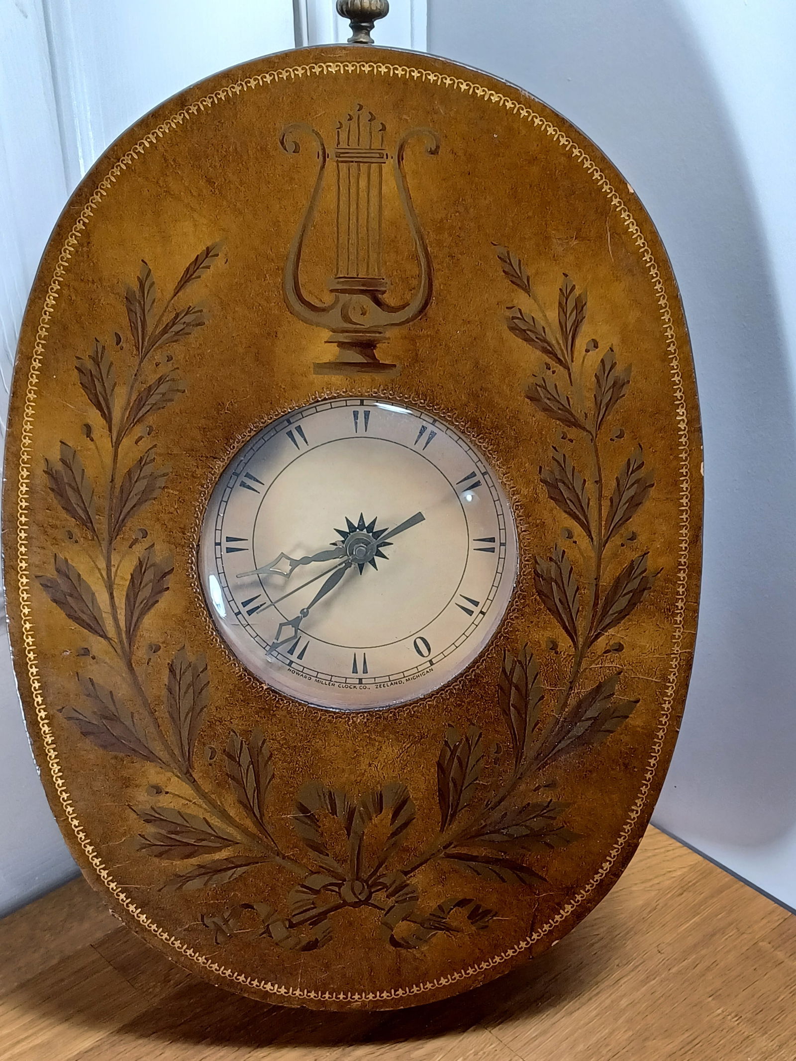 Vintage Howard Miller Leather Covered Wood Wall Clock / converted & working: Vintage Howard Miller Leather Covered Wood Wall Clock / converted & working