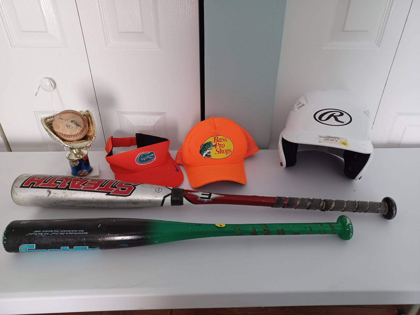 Baseball Lot Bats, Helmet, Hats, Ball & Trophy (1 of 6)