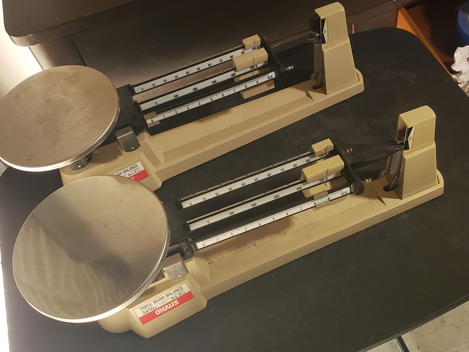 2 science lab scales: triple beam metal science lab scales, pair of 2 identical models, may need recalibration