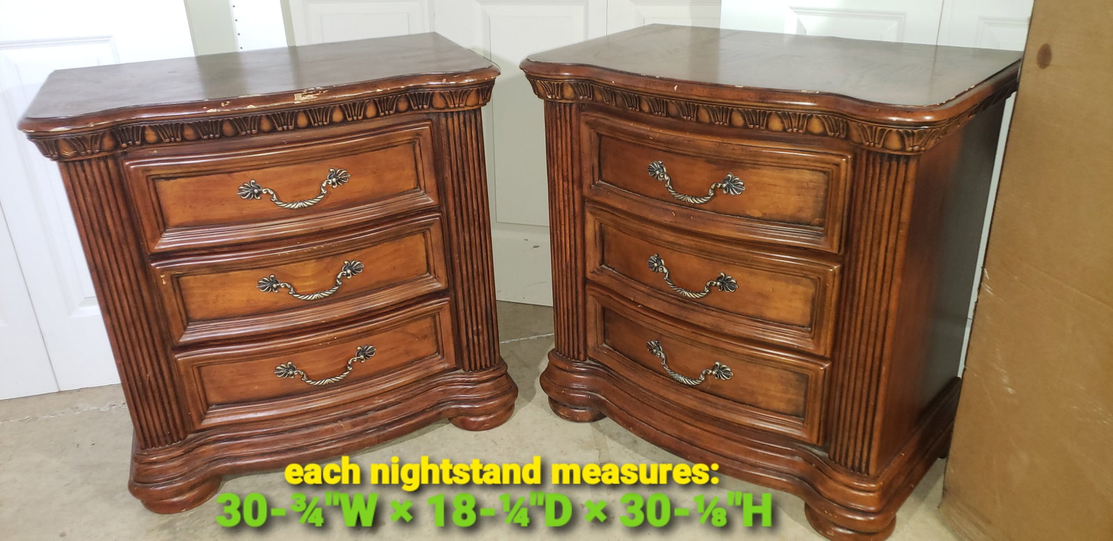 nightstands: pair of large elaborately designed wooden Flexsteel nightstands, used & scratched but still overall intact
