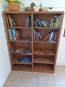 Large Oak Bookshelf w/ contents and wall art