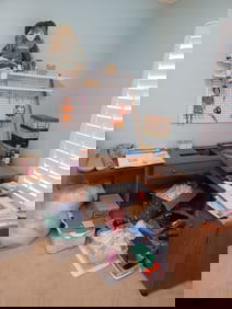 Large Sewing Lot includes sewing cabinet station, wall peg board and all seen in photo