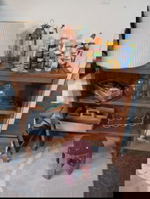 Wood Shelf & Contents with wood stool