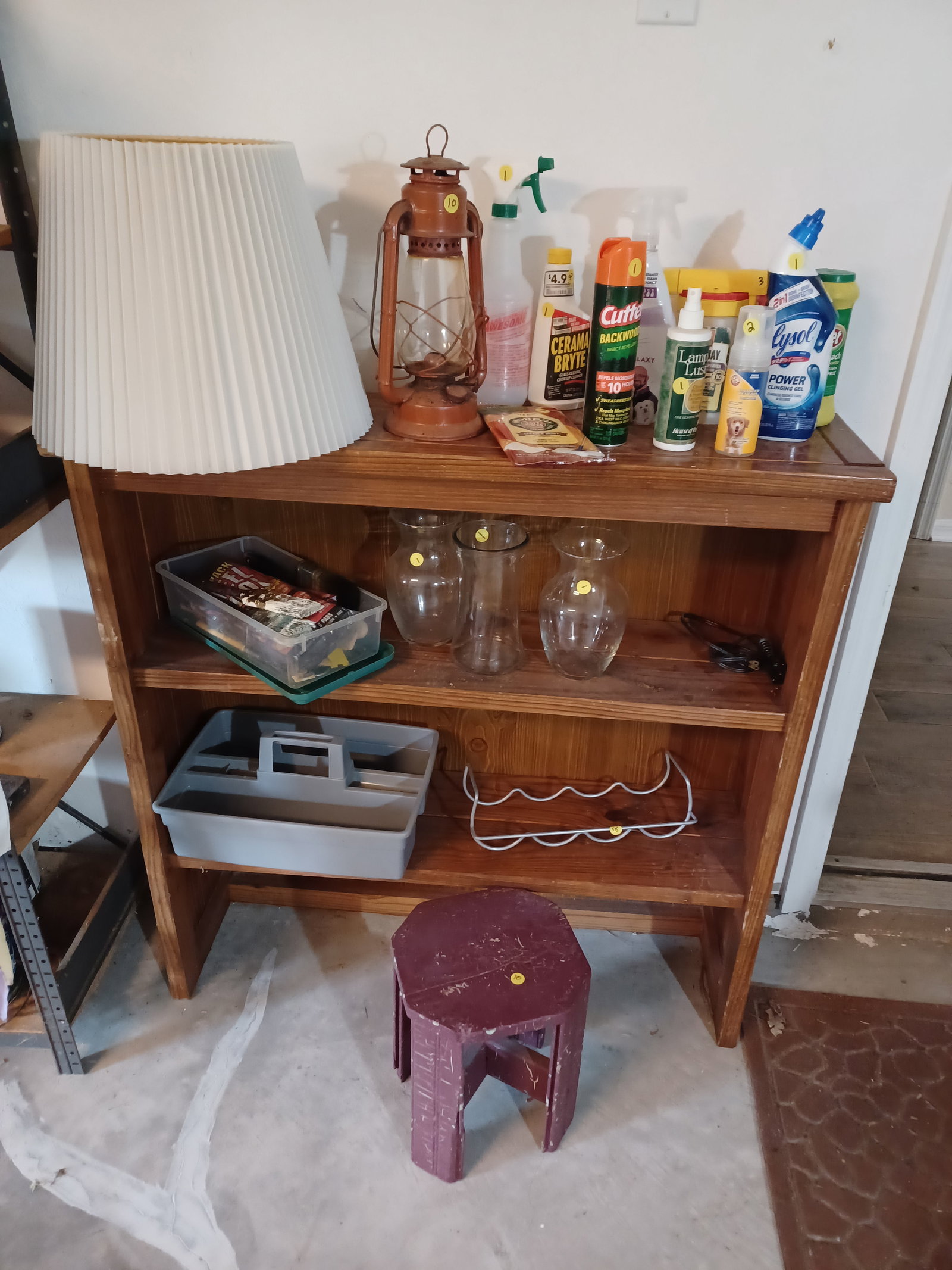 Wood Shelf & Contents with wood stool: Wood Shelf & Contents with wood stool