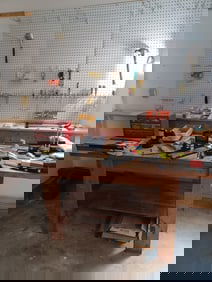 TOOL LOT- bench, pegboards, tools, everything shown in photos